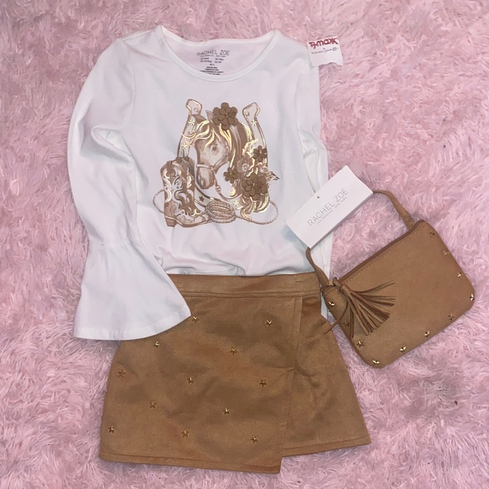 NWT Rachel Zoe White Long-Sleeve Top with Gold Horse Graphic and Tan Skirt Set